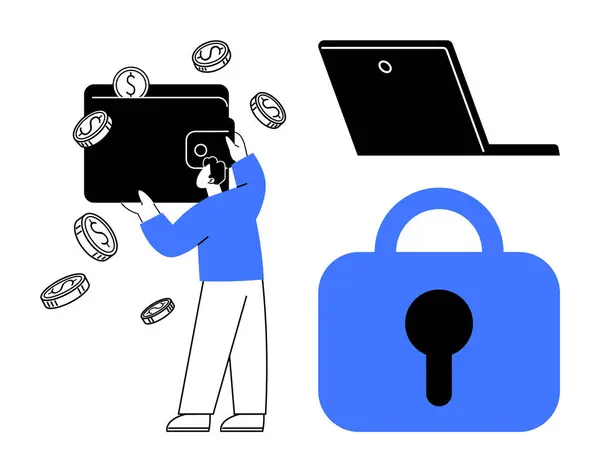 stock vector A person holds a wallet with coins falling out a laptop and a padlock highlighting security, in online payments Ideal for financial transactions digital security e-commerce and safe money transfers