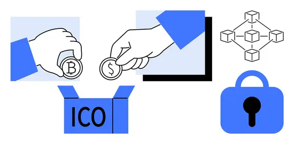 Stock vector Hands hold Bitcoin and Dollar coins over a box labeled ICO showcasing cryptocurrency investment. A lock and a blockchain network highlight security themes. Ideal for finances, technology, investment