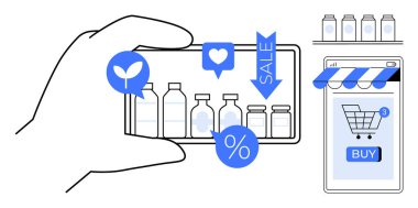 Akıllı telefonu tutan bir el, satış etiketli ve simgeli çeşitli organik ürünleri sergilerken, sağda Buy tuşlu bir alışveriş arabası görülüyor. E-ticaret, teknoloji ve organik ürünler için ideal
