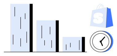 Bar çizelgesine göre çizgili çubuklar, aşağı doğru inen boy, mavi alışveriş çantası ve saat. İş, finans, ekonomi, zaman yönetimi ve perakende temaları için ideal. Düz tasarım biçimi