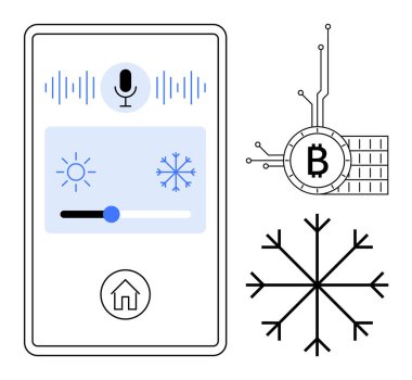 Akıllı telefon ekranı ses kontrol mikrofon ikonu ve sıcaklık ayarlama kaydıracıyla akıllı ev arayüzü gösteriyor. Detaylı kar tanesi ve devreli Bitcoin sembolü. Teknoloji için ideal, zeki.