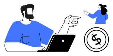 Dizüstü bilgisayar kullanan bir adam, bir dolar işareti ve bir kadını işaret ediyor. Minimalist tarzda. İş büyümesi, mali danışmanlık, çevrimiçi toplantılar, uzaktan çalışma ve takım çalışması işbirliği kavramları için ideal