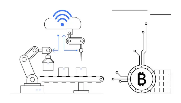 stock vector Industrial robotic arm connected to cloud, assembling goods on conveyor belt next to bitcoin symbol. Ideal for automation, blockchain technology, cloud computing, industry, and smart manufacturing