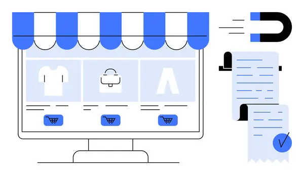 stock vector A computer screen displays an online store with shopping cart icons below various items. To the right, receipts and a magnet suggest attracting sales. Ideal for online shopping, e-commerce, retail