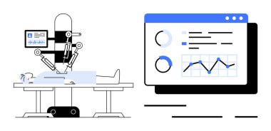 Ameliyat masasında yatan bir hastaya ameliyat yapan robotik bir kol. Yanında tıbbi veri ve çizelgeleri gösteren dijital bir ekran var. Sağlık, teknoloji, yenilik ve veri için ideal
