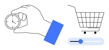 El ele tutuşan saat, alışveriş arabasının ve sürgülü elementin yanında. Çevrimiçi alışveriş, zaman yönetimi, üretkenlik araçları, e-ticaret, kullanıcı arayüzü tasarımı için ideal. Minimalist, modern vektör