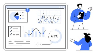 Bir bilgisayar ekranında grafik ve grafiklerle iş verileri sunumu ve verileri tartışan iki profesyonel. İş analizi, veri görselleştirme, takım çalışması, sunumlar ve piyasa için ideal