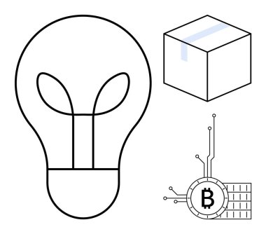 Minimalist kare bir kutunun yanında büyük bir ampul ve devreli dijital Bitcoin sembolü. Teknoloji, yenilik, kripto para birimi, e-ticaret, dijital pazarlama için ideal. Temiz çizgiler