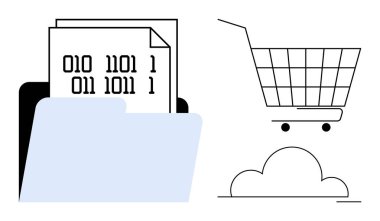 Bulutun yanında bir alışveriş arabası ikonunun yanında ikili kodlu belgeler olan bir klasör. Dijital depolama, çevrimiçi alışveriş, bulut hesaplama, veri yönetimi ve teknoloji konuları için ideal. Basit satır