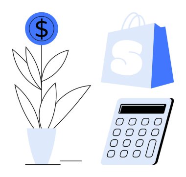 Bitki, alışveriş torbası ve hesap makinesinden dolar işareti büyüyor. E-ticaret, iş büyümesi, akıllı yatırımlar, finansal yönetim, online alışveriş verimliliği için ideal. Minimalist düz tasarım