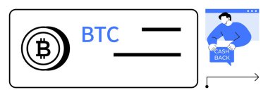 Satırların yanındaki Bitcoin sembolü ve BTC metni dijital işlemleri temsil etmektedir. Nakit parayı elinde tutan kişi ödül ya da para iadesi önerir. Finans, dijital para birimi ve yatırımlar için ideal