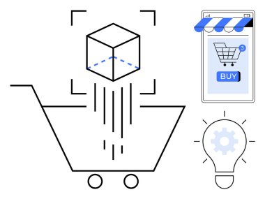 Düşen kutusu olan bir alışveriş arabası, alışveriş arabası ikonu ve mavi satın alma düğmesi olan bir cep telefonu ve içinde dişli bir ampul. Çevrimiçi alışveriş, mobil ticaret ve yenilik için ideal
