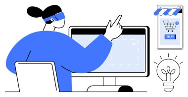 VR kulaklık kullanan bir kişi bilgisayar ekranı ve çevrimiçi alışveriş arayüzü ile etkileşime girer. Teknoloji, e-ticaret, sanal gerçeklik, dijital yenilik, kullanıcı deneyimi için ideal. Minimalist
