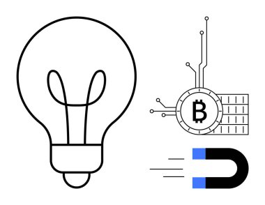 Ampul, devreli bitcoin ve mıknatıs. Teknoloji, kripto para birimi, yenilik, enerji ve minimalizm temaları için ideal. Siyah, beyaz ve mavi renk düzeni. Basit, temiz bir tasarım. Vektör