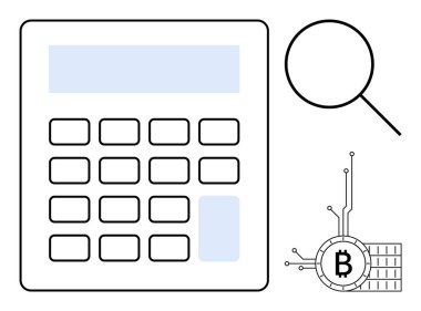 Büyüteç ve kripto para ile hesap makinesi. Finansal analiz, kripto para birimi, muhasebe, dijital ekonomi ve teknolojik yenilik temaları için ideal. Beyaz kullanarak basit vektör biçimi