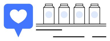 Mavi konuşma balonunun içindeki kalp sembolü raftaki dört içecek kutusunun yanında. Pazarlama, sosyal medya, e-ticaret, tüketici malları ve ürün tanıtımı için ideal. Basit satır biçimi