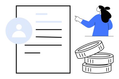 Bir kişi profil simgesi ve birikmiş paraları olan bir belgeyi işaret ediyor. Kariyer ilerlemesi, iş başvuruları, finansal planlama, kişisel markalaşma ve iş stratejileri için ideal. Modern