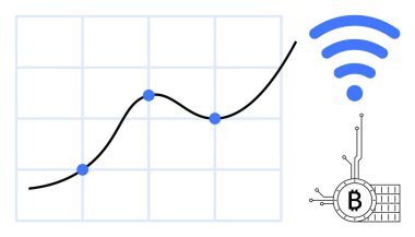 Veri noktalarını gösteren pozitif bir çizgi grafiği, sağ üstte bir ağ sembolü ve altında bir Bitcoin sembolü. Teknoloji, finans, kripto para birimi, büyüme analizi, veri eğilimleri için ideal