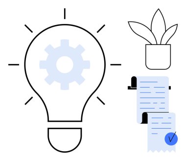 İçinde teçhizat olan ampul simgesi, yenilikçi fikirleri gösteriyor. İki yapraklı saksı bitkisi doğal bir dokunuş katıyor. İşaretli belge tamamlanmış görevleri temsil eder. Üretkenlik için ideal
