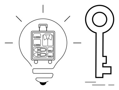 İçinde bavul ve büyük anahtar olan ampul. Seyahat, yenilik, planlama, yaratıcılık, organizasyon kavramları için idealdir. Basit, modern, minimalist stil