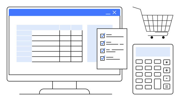 Computer screen displaying a spreadsheet, checklist, shopping cart, calculator. Ideal for e-commerce, financial planning, business management, productivity, digital tools. Minimalist line art vector
