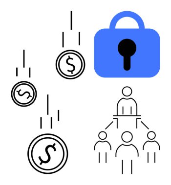 Düşen paralar, mavi asma kilit ve yapılandırılmış insan hiyerarşisi ile temsil edilen güvenli işlemler ve organizasyonel akış. Finans, güvenlik, işletme yönetimi ve organizasyon için ideal