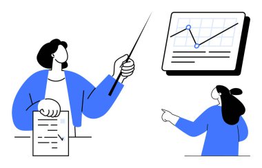 İki profesyonel iş elbisesi ve çizelgesi var. Biri bir belge tutuyor, diğeri veri hattı olan bir grafiğe işaret ediyor. İş eğitimi, veri analizi, takım çalışması, sunumlar için ideal
