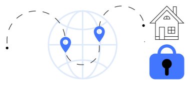 Yer göstergelerine, ev simgesine ve temiz çizgiler ve mavi röfleler kullanarak kilit sembolüne sahip dünya küresi. Güvenlik, navigasyon, ev koruması, internet güvenliği ve küresel bağlantı için ideal