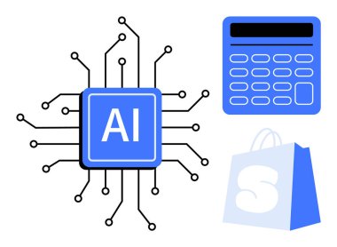 Merkezi yapay zeka işlemcisi, hesap makinesi ve alışveriş poşeti ile bağlı devrelerle, teknolojinin finans ve e-ticaretteki rolünü belirtir. Teknoloji, AI, finans, e-ticaret ve yenilik için ideal