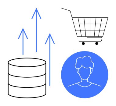 Yukarı bakan oklar, bir alışveriş arabası ve mavi çemberdeki bir kullanıcı profili ikonu ile veri depolama büyümesini gösterir. İş, teknoloji, veri analizi, çevrimiçi alışveriş, müşteri profilleri için ideal