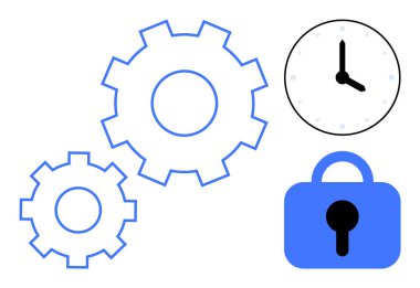 İki vites, bir saat ve bir asma kilit mavi ve siyah renklerde basit, minimalist bir tasarımda ortaya çıkar. Üretkenlik verimliliği, güvenlik zamanı yönetimi ve mekanik kavramlar için ideal