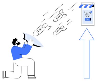 Bir adam internetteki bir mağazayı DDoS etiketli füzelerden korumak için kalkan kullanıyor. Bir ok mağazaları işaret ediyor, siber güvenlik savunmasını işaret ediyor. Çevrimiçi güvenlik ve siber güvenlik için ideal