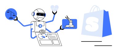 Bilgisayar arayüzü ve alışveriş çantası ile etkileşime girerken çoklu kollu bir robot bir ölçek, kalp ve robotik kol tutuyor. Teknoloji, yapay zeka, otomasyon, hukuk ve e-ticaret temaları için ideal