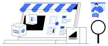 Alışveriş arayüzü olan dizüstü bilgisayar ekranı paketler, büyüteç ve nakit para teklifi ile çevrili. E-ticaret, çevrimiçi alışveriş, dijital pazarlama, tüketici davranışı için ideal