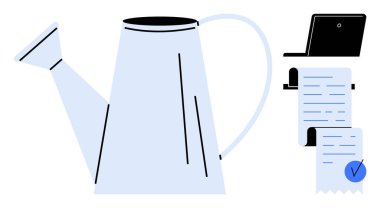 Metalik sulama kutusu, makbuz ve dizüstü bilgisayarla. E-ticaret, bahçıvanlık, finans, modern teknoloji ve iş için ideal. Finans ve ev bahçıvanlığına odaklı basit vektör biçimi