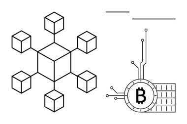 Birbirine bağlı küplerden oluşan bir ağ ve devre çizgileri olan bir Bitcoin sembolü içeren basitleştirilmiş resim. Engelleme teknolojisi, kripto para birimi, dijital işlemler, finans teknolojisi için ideal