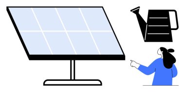 Geniş güneş paneli ve bireysel göstergeli sulama kutusu. Yenilenebilir enerji yeniliği için ideal çevre bilinci teknolojisi eğitimi ve sürdürülebilirlik temaları. Basit minimalist stil