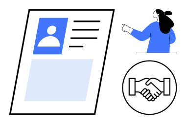 İçinde fotoğraf ve metin olan bir profil belgesi, işaret eden bir kişi ve bir tokalaşma sembolü. İş profilleri, ağ oluşturma, kariyer geliştirme, ortaklıklar ve profesyonel bağlantılar için ideal