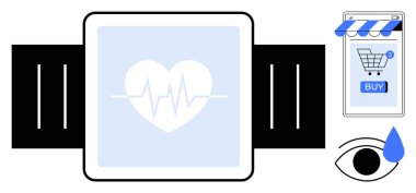 A smartwatch displaying a heart rate monitor icon, a smartphone with a shopping cart, and an eye with a teardrop. Ideal for health monitoring, online shopping, wearable tech, visual sensing