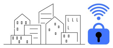 Mavi kablosuz güvenlik kilidi sembollü şehir çizgisi. Akıllı şehir kavramları, siber güvenlik, kablosuz ağ güvenliği, şehir planlaması ve dijital güvenlik temaları için ideal. Minimalist vektör