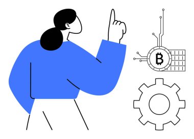 Parmağını kaldırarak Bitcoin sembolünü ve vites simgesini gösteren bir kadın. Kripto para birimi, engelleme zinciri, teknoloji, finansal yatırım ve yenilik temaları için idealdir. Elle çizilmiş stil. Mavi renkler