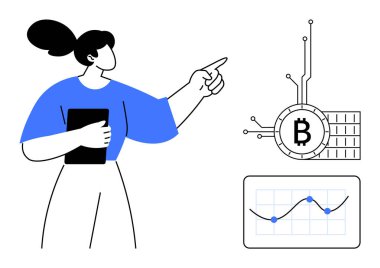 Elinde tablet bulunan kadın Bitcoin sembolü, bağlantılar ve veri eğilimlerini gösteren bir tablo ile