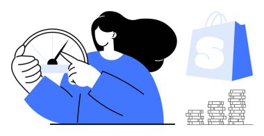 Kadının biri elinde alışveriş çantası ve yakınındaki bozuk paralarla kilometre sayacını işaret ediyor. Büyüme alışverişi için ideal bütçe pazarlama