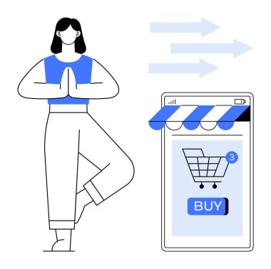 Kadın yoga yaparken internetteki alışveriş arabasının yanında hareketli ekranda ağaçta poz veriyor. Sağlık, zindelik, e-ticaret, online alışveriş, yaşam tarzı dengesi için ideal. İnce çizgiler ve minimalist stil