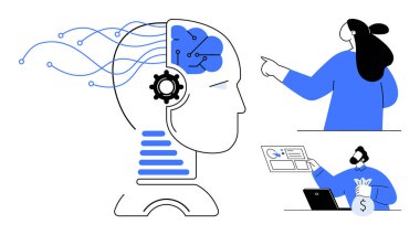Vitesleri ve veri bağlantıları olan dijital bir beyin, işaret eden bir kadın ve parası ve bilgisayarı olan bir adam. AI, robotik, veri bilimi, eğitim ve iş yeniliği için ideal