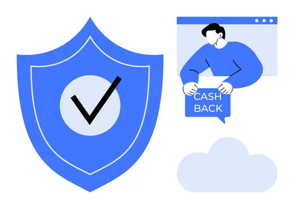 stock vector Large blue shield icon with a checkmark and a person holding a cashback sign. Ideal for financial security, online payment, refund policies, customer satisfaction, and digital transactions