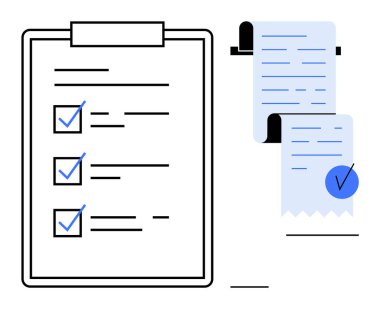 Kontrol işaretli makbuzların yanında kontrol listesi olan bir pano. İş, planlama, organizasyon, verimlilik ve muhasebe teması için ideal. Temiz ve minimalist stil