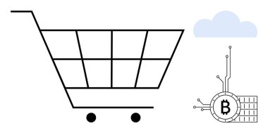 Bir alışveriş arabası ve kripto para birimi sembolü blok elementleri ve bir bulutun yanında. E-ticaret, kripto para, dijital işlemler, online alışveriş, teknolojik yenilikler için ideal. Minimalist özet