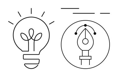 Minimalist çizgileri ve geometrik şekilleri olan ampul ve kalem ucu. Yaratıcılık, yenilik, tasarım, ilham ve teknoloji için ideal. Minimalist stil, siyah ve beyaz, vektör tasarımı