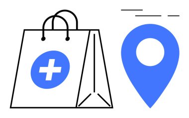 Lokasyon iğnesinin yanında tıbbi sembolü olan bir alışveriş torbası. Sağlık, çevrimiçi alışveriş, eczane dağıtım hizmetleri, e-ticaret ve lojistik için ideal. Modern minimalist vektör biçimi